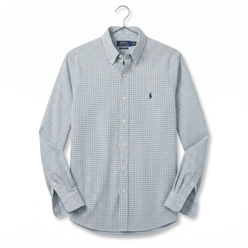 Polo Ralph Lauren Mens Large Green Navy Blue Micro Check Button Down Shirt L/G